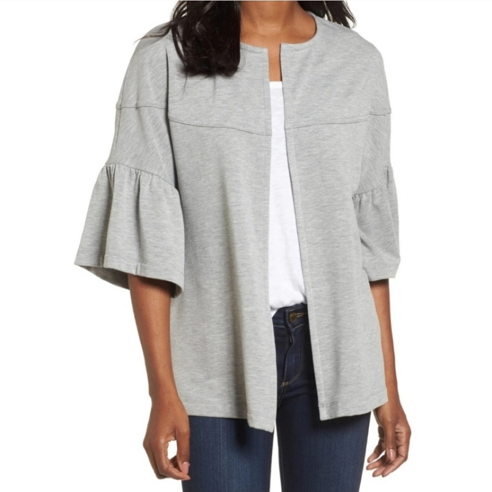 Nwt Pleione Heather Gray Open Front French Terry Bell Ruffle Sleeve Cardigan L
